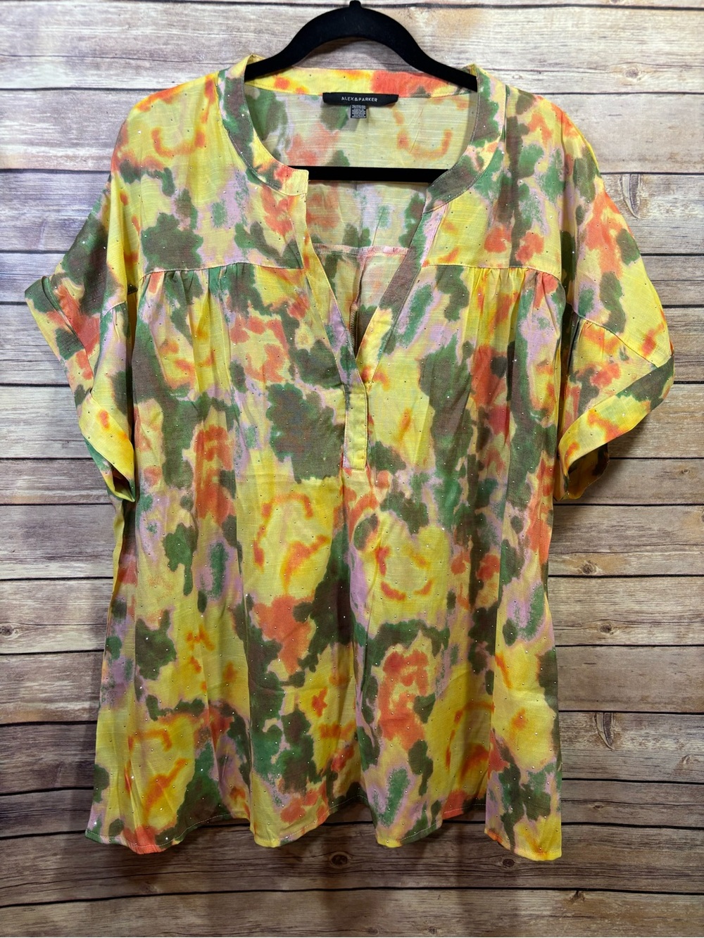 Alex & Parker Floral Yellow Green Rhinestone Top Size 2XL